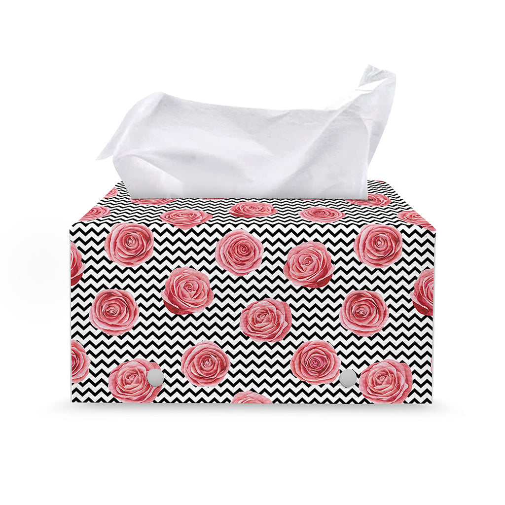 Pink Rose Zigzag Pattern Print Leather Tissue Box Cover