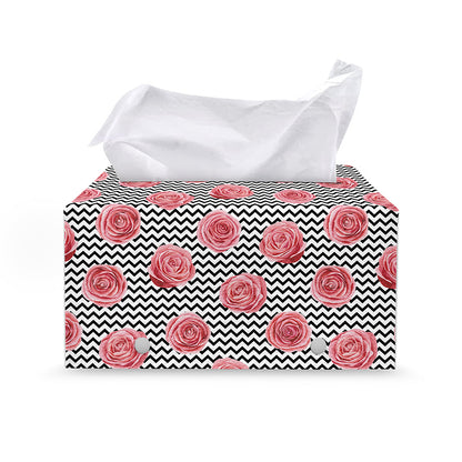 Pink Rose Zigzag Pattern Print Leather Tissue Box Cover