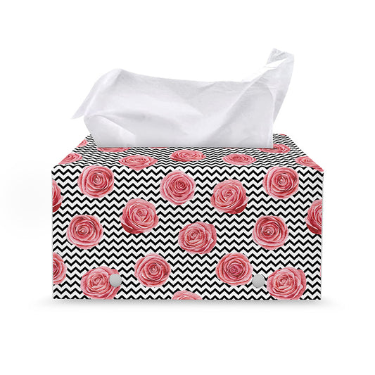 Pink Rose Zigzag Pattern Print Leather Tissue Box Cover