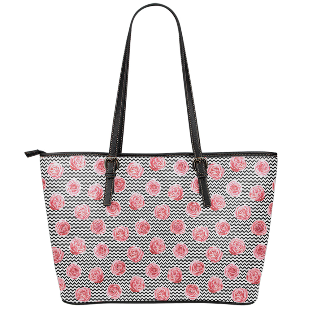 Pink Rose Zigzag Pattern Print Leather Tote Bag