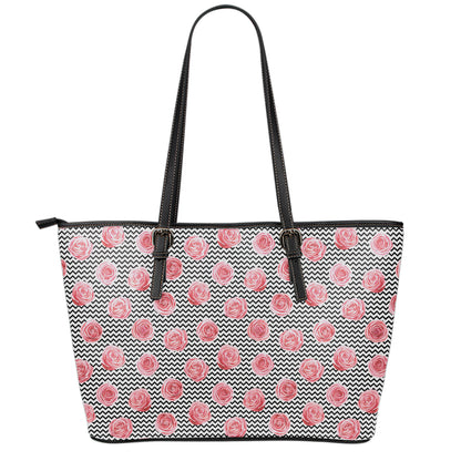 Pink Rose Zigzag Pattern Print Leather Tote Bag