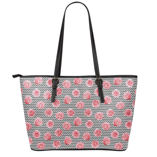 Pink Rose Zigzag Pattern Print Leather Tote Bag