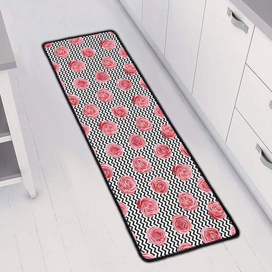 Pink Rose Zigzag Pattern Print Long Kitchen Mat