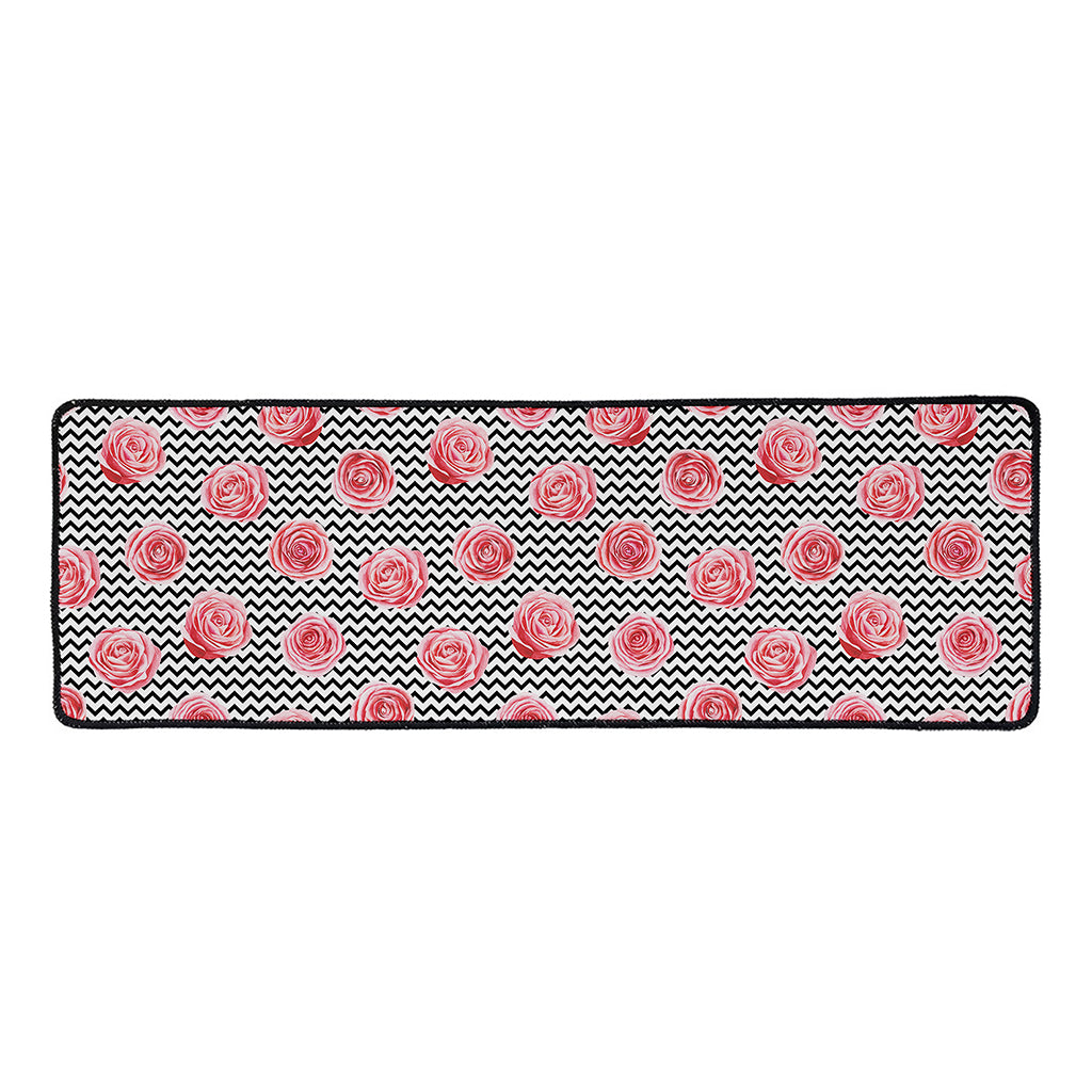 Pink Rose Zigzag Pattern Print Long Kitchen Mat