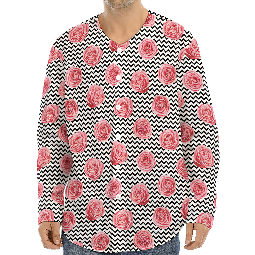 Pink Rose Zigzag Pattern Print Long Sleeve Baseball Jersey