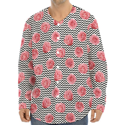 Pink Rose Zigzag Pattern Print Long Sleeve Baseball Jersey