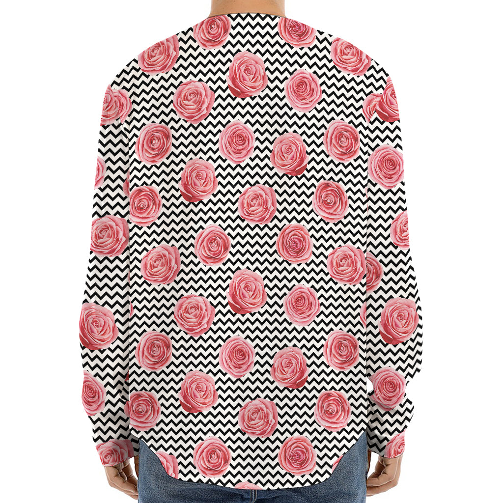 Pink Rose Zigzag Pattern Print Long Sleeve Baseball Jersey