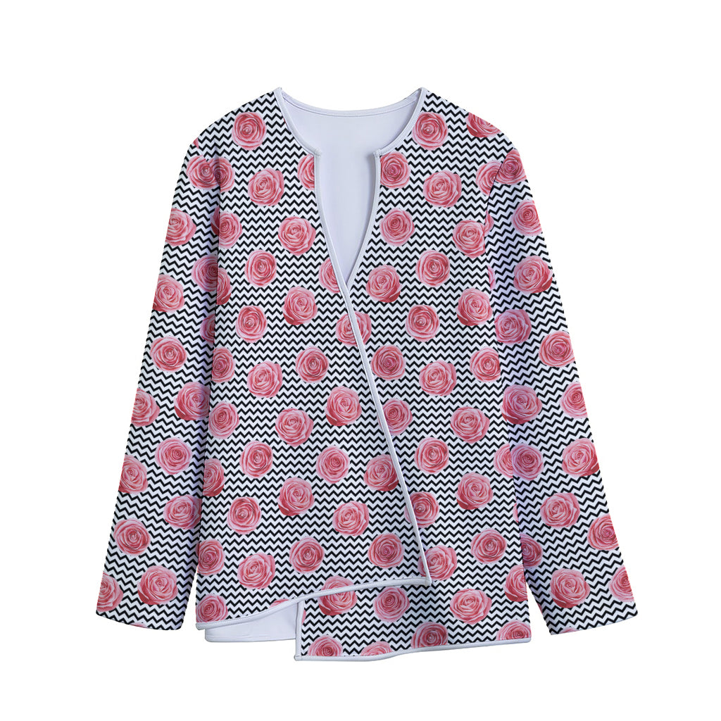Pink Rose Zigzag Pattern Print Long Sleeve Short Coat