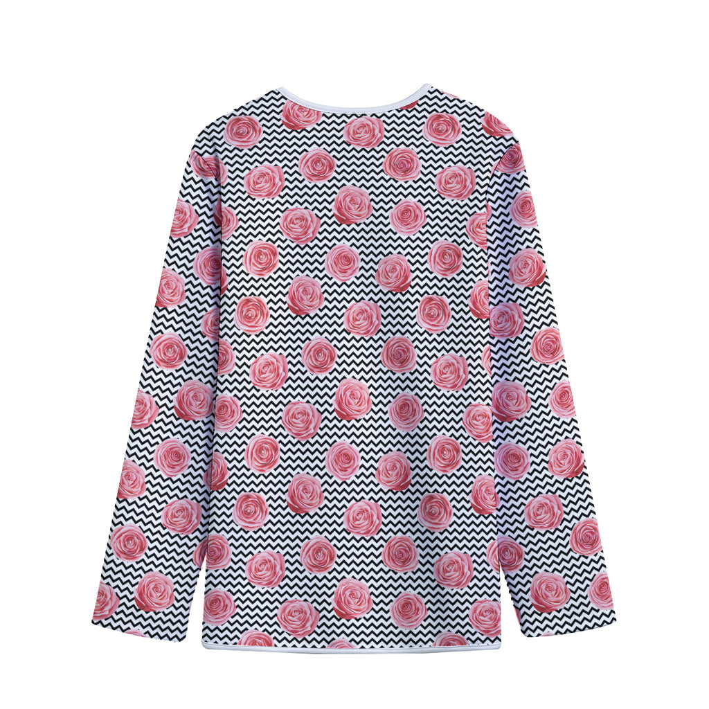 Pink Rose Zigzag Pattern Print Long Sleeve Short Coat