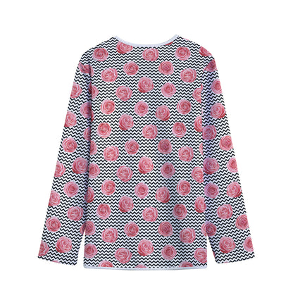 Pink Rose Zigzag Pattern Print Long Sleeve Short Coat