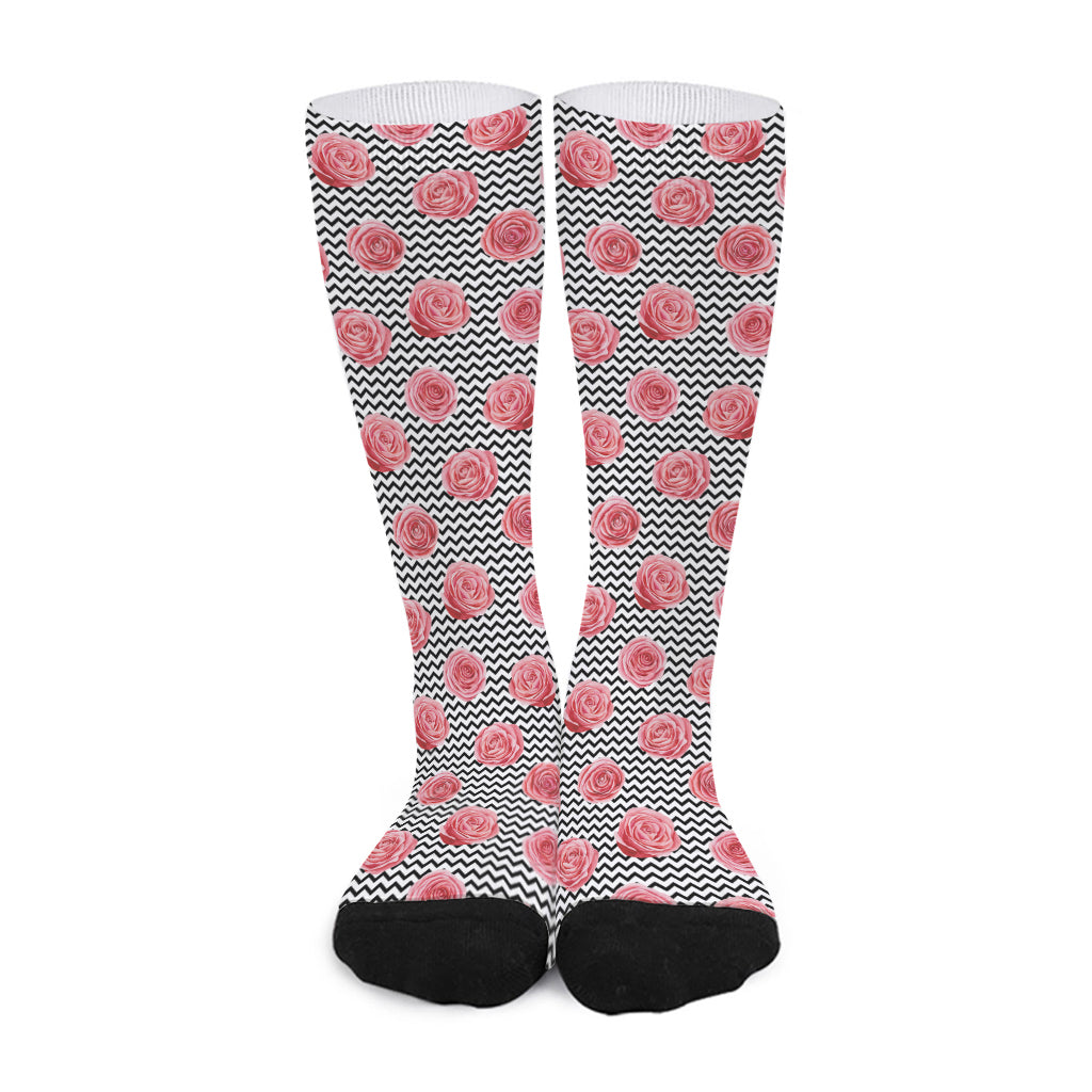 Pink Rose Zigzag Pattern Print Long Socks
