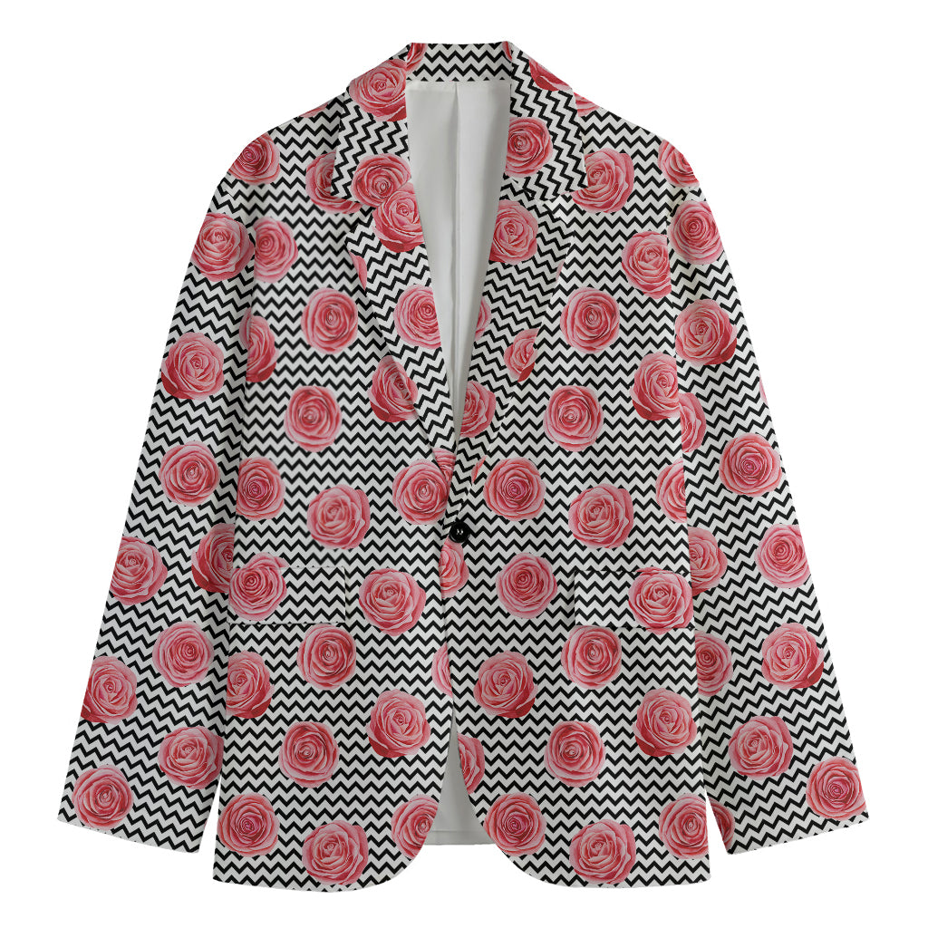 Pink Rose Zigzag Pattern Print Men's Blazer