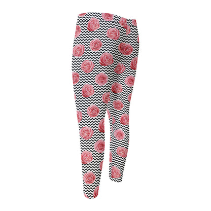 Pink Rose Zigzag Pattern Print Men's Compression Pants