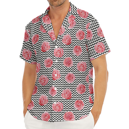 Pink Rose Zigzag Pattern Print Men's Deep V-Neck Shirt