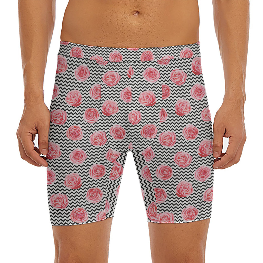 Pink Rose Zigzag Pattern Print Men's Long Boxer Briefs