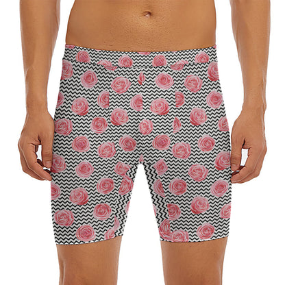 Pink Rose Zigzag Pattern Print Men's Long Boxer Briefs
