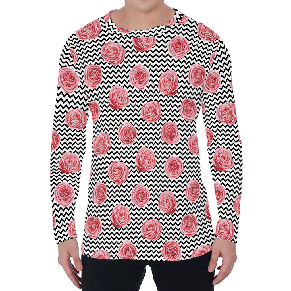 Pink Rose Zigzag Pattern Print Men's Long Sleeve T-Shirt