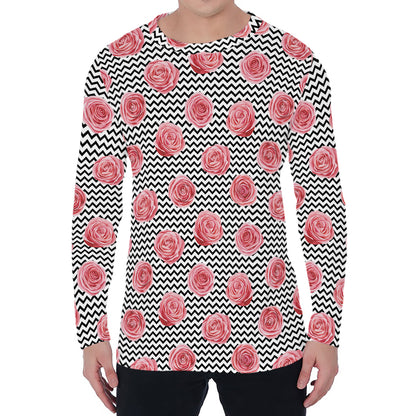 Pink Rose Zigzag Pattern Print Men's Long Sleeve T-Shirt