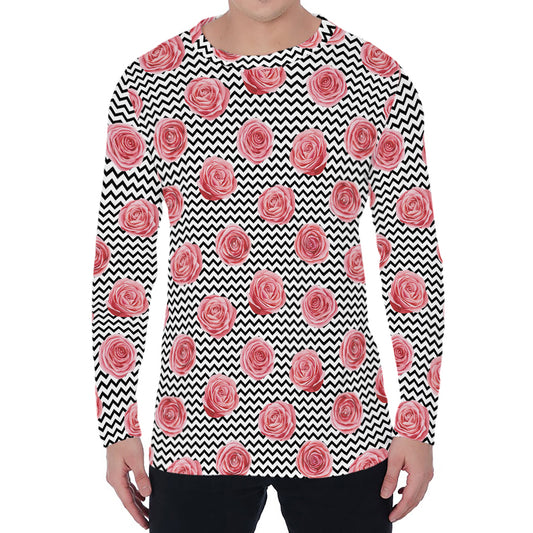 Pink Rose Zigzag Pattern Print Men's Long Sleeve T-Shirt