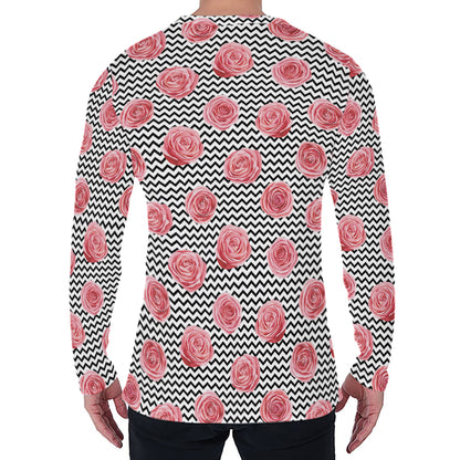 Pink Rose Zigzag Pattern Print Men's Long Sleeve T-Shirt