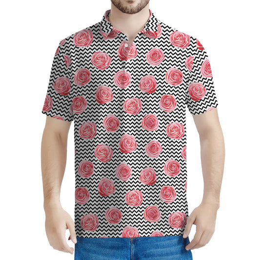 Pink Rose Zigzag Pattern Print Men's Polo Shirt