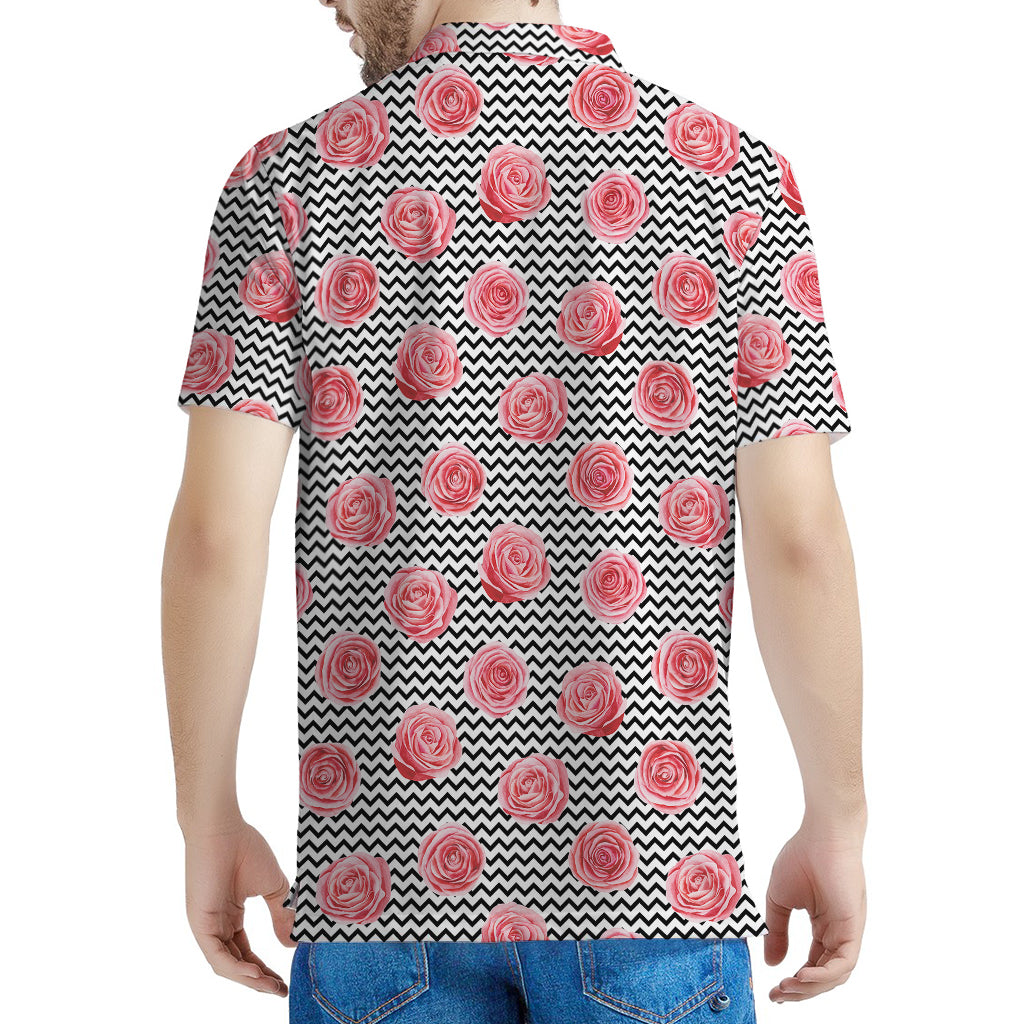 Pink Rose Zigzag Pattern Print Men's Polo Shirt