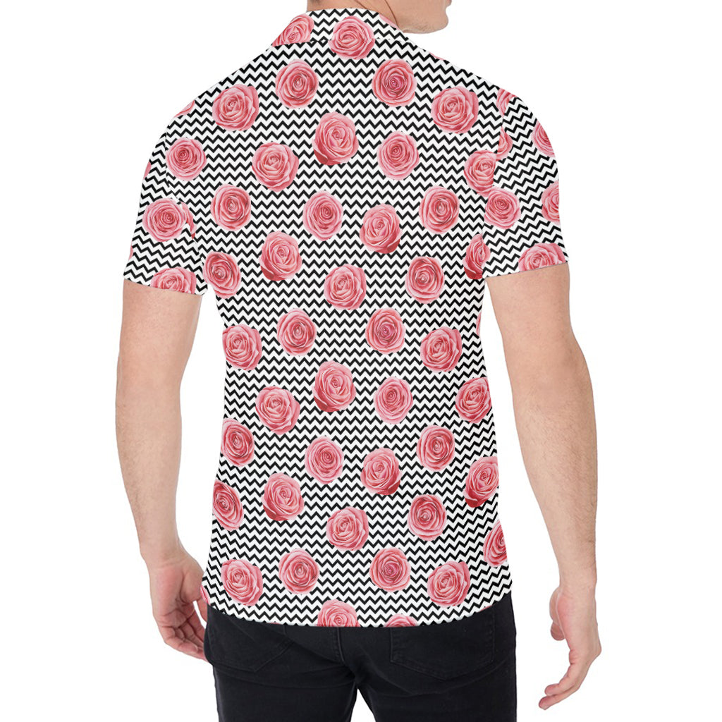 Pink Rose Zigzag Pattern Print Men's Shirt