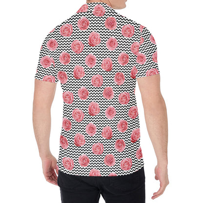 Pink Rose Zigzag Pattern Print Men's Shirt