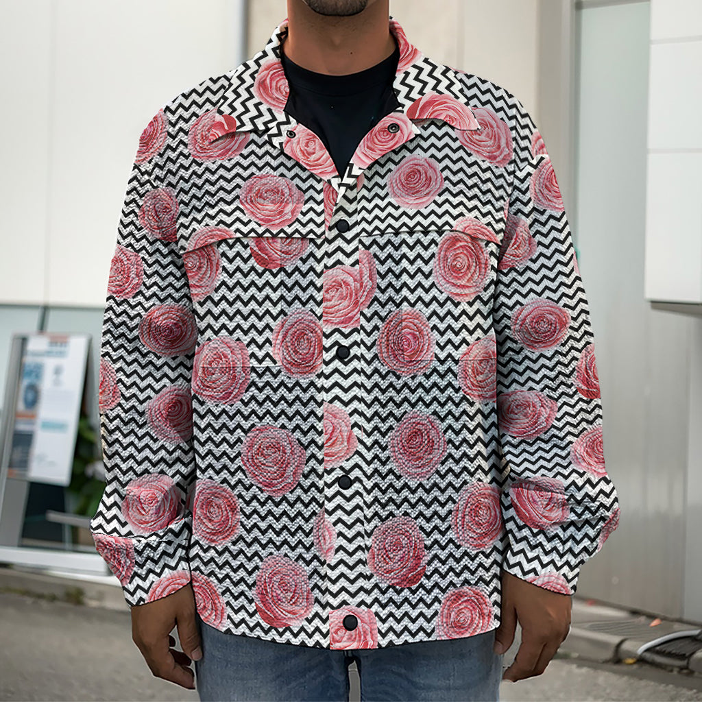 Pink Rose Zigzag Pattern Print Men's Shirt Jacket