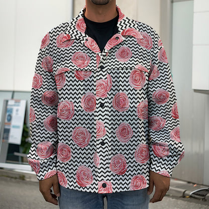 Pink Rose Zigzag Pattern Print Men's Shirt Jacket
