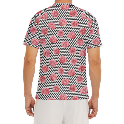Pink Rose Zigzag Pattern Print Men's Short Sleeve Rash Guard
