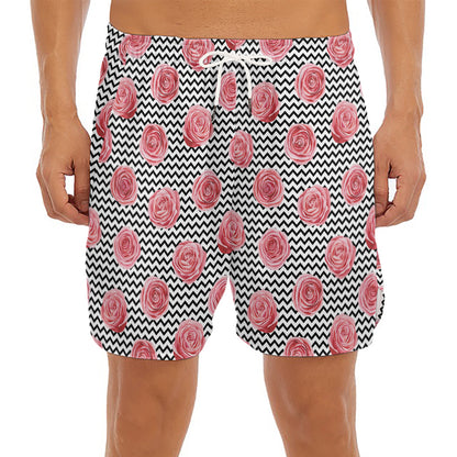 Pink Rose Zigzag Pattern Print Men's Split Running Shorts