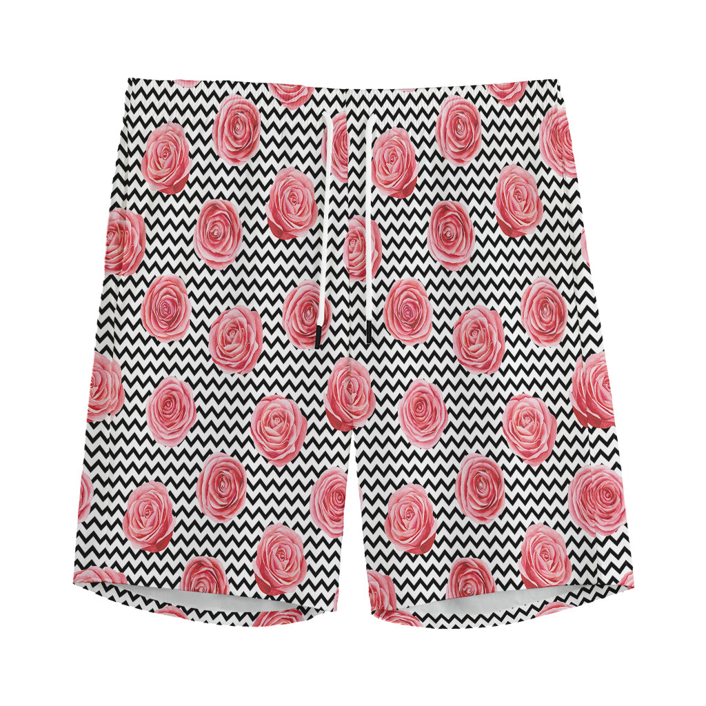 Pink Rose Zigzag Pattern Print Men's Sports Shorts