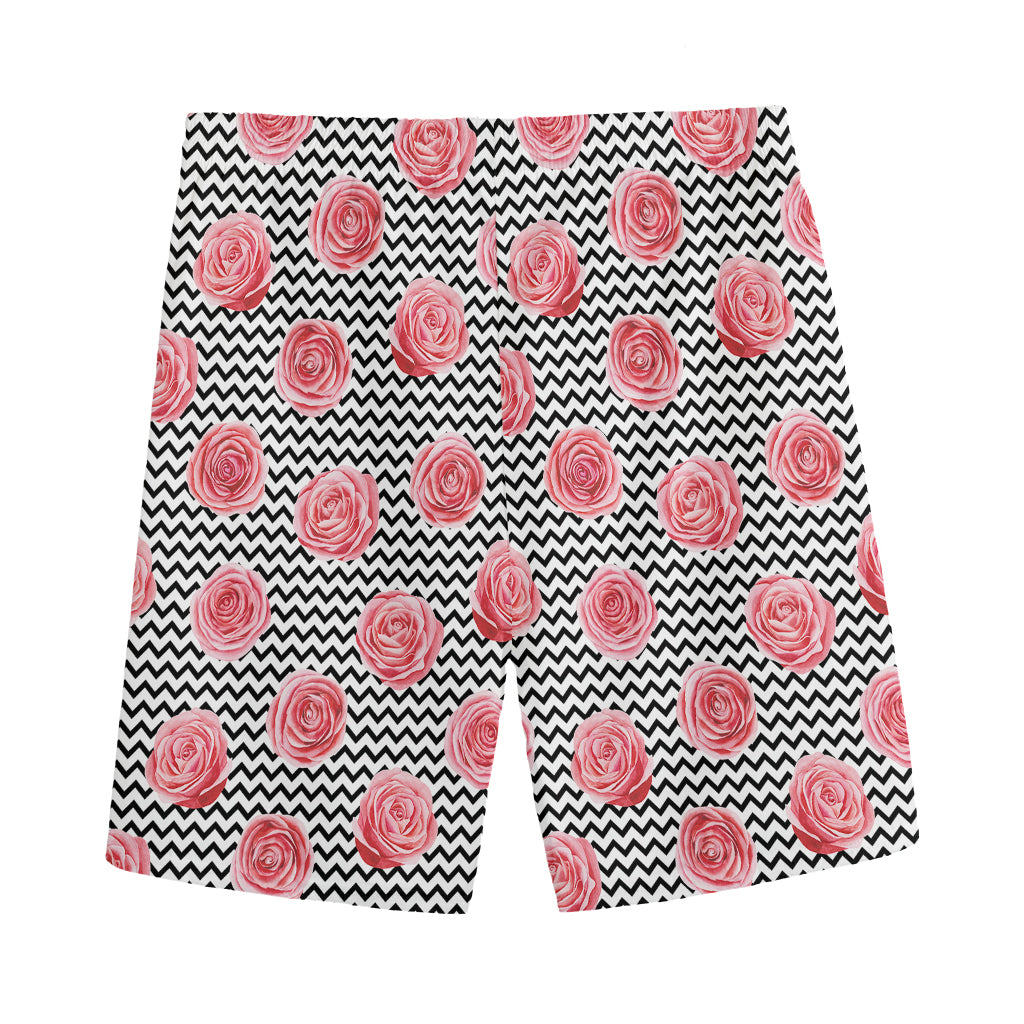 Pink Rose Zigzag Pattern Print Men's Sports Shorts