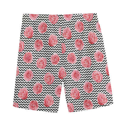 Pink Rose Zigzag Pattern Print Men's Sports Shorts