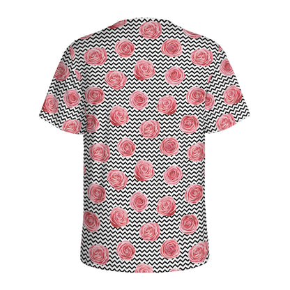 Pink Rose Zigzag Pattern Print Men's Sports T-Shirt