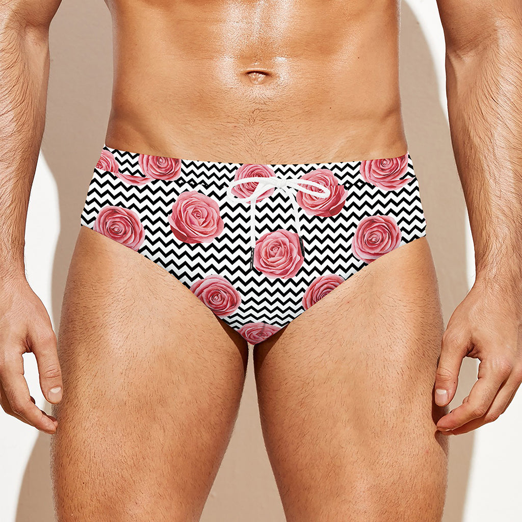Pink Rose Zigzag Pattern Print Men's Swim Briefs