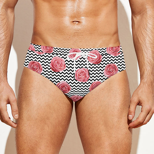 Pink Rose Zigzag Pattern Print Men's Swim Briefs