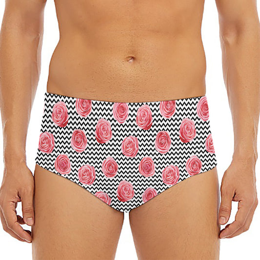 Pink Rose Zigzag Pattern Print Men's Triangle Swim Briefs