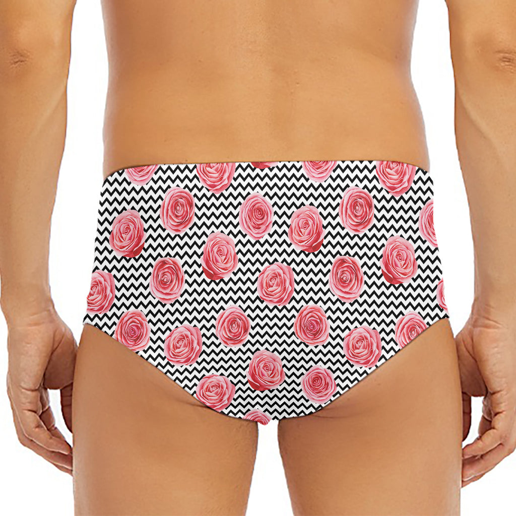 Pink Rose Zigzag Pattern Print Men's Triangle Swim Briefs