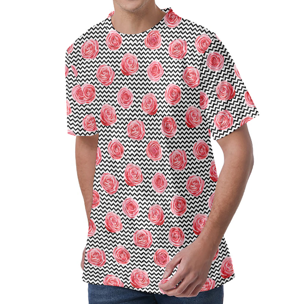 Pink Rose Zigzag Pattern Print Men's Velvet T-Shirt