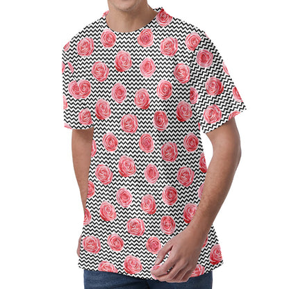 Pink Rose Zigzag Pattern Print Men's Velvet T-Shirt