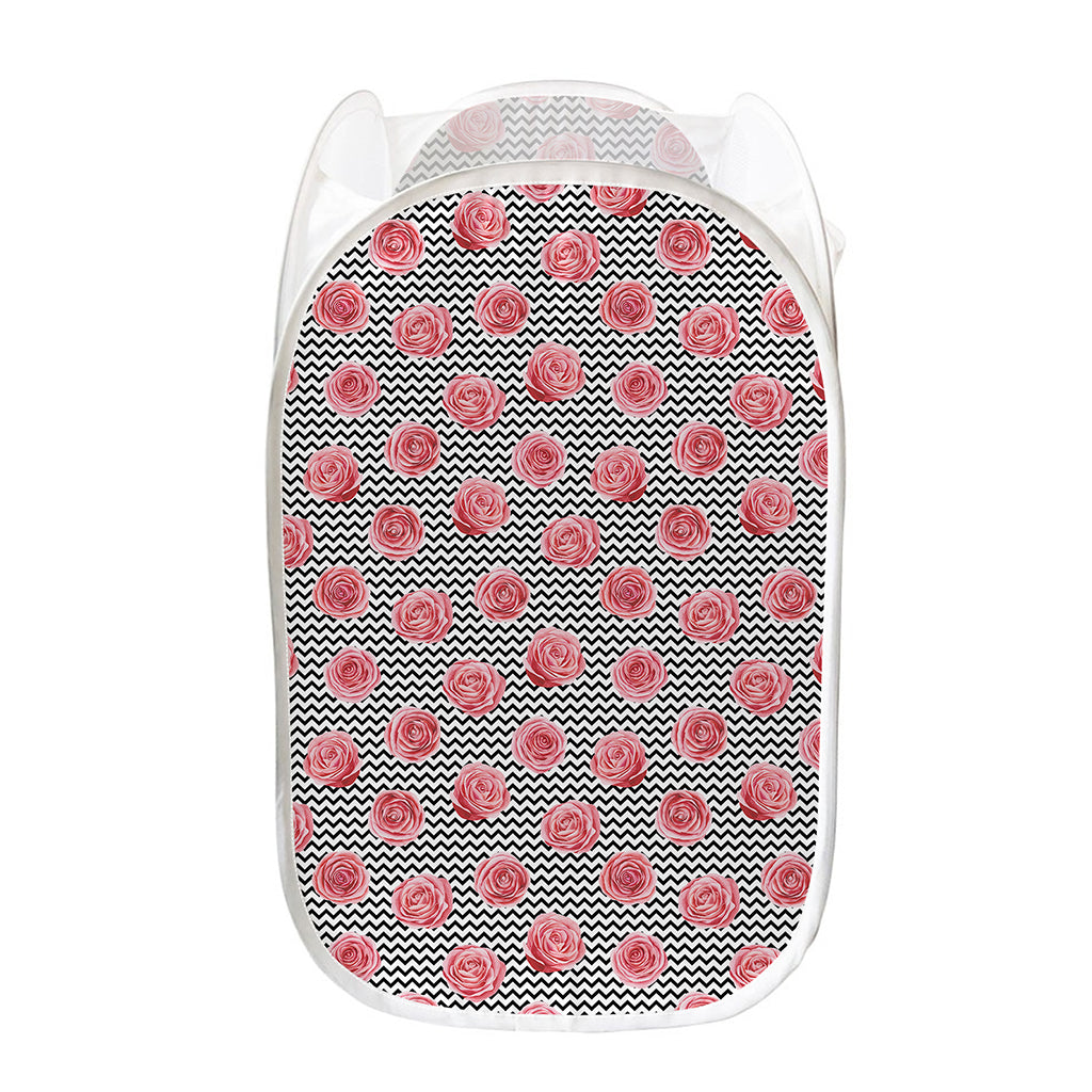 Pink Rose Zigzag Pattern Print Mesh Laundry Hamper
