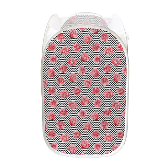 Pink Rose Zigzag Pattern Print Mesh Laundry Hamper