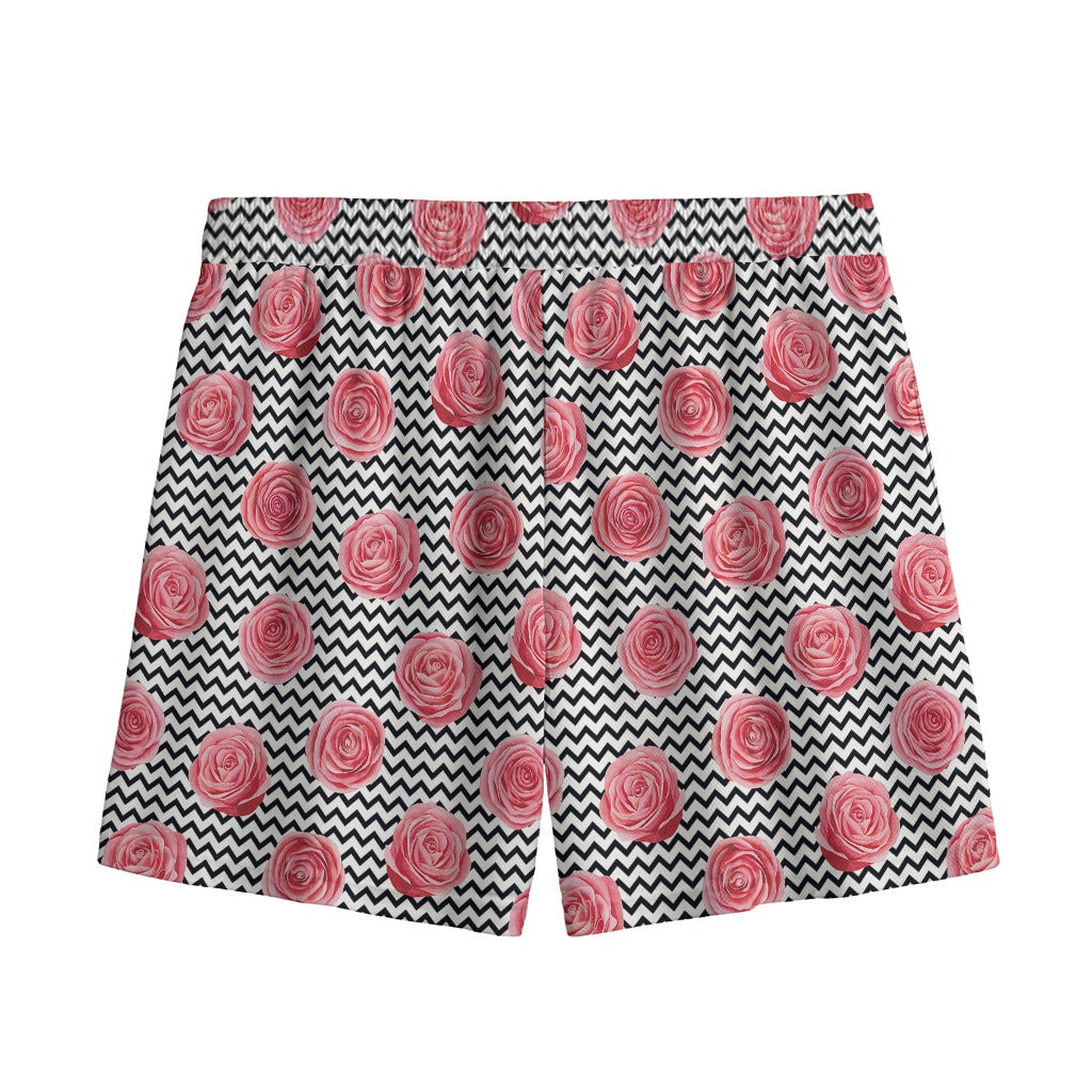 Pink Rose Zigzag Pattern Print Mesh Shorts