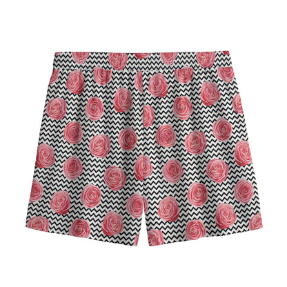 Pink Rose Zigzag Pattern Print Mesh Shorts