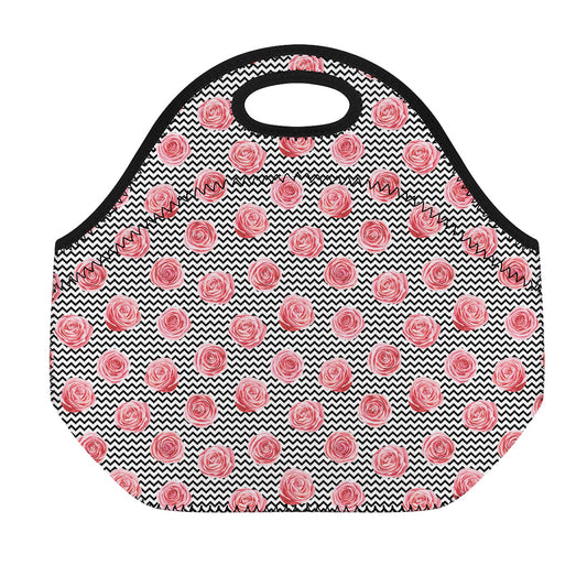 Pink Rose Zigzag Pattern Print Neoprene Lunch Bag