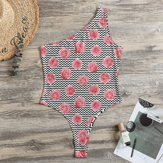 Pink Rose Zigzag Pattern Print One Shoulder Bodysuit