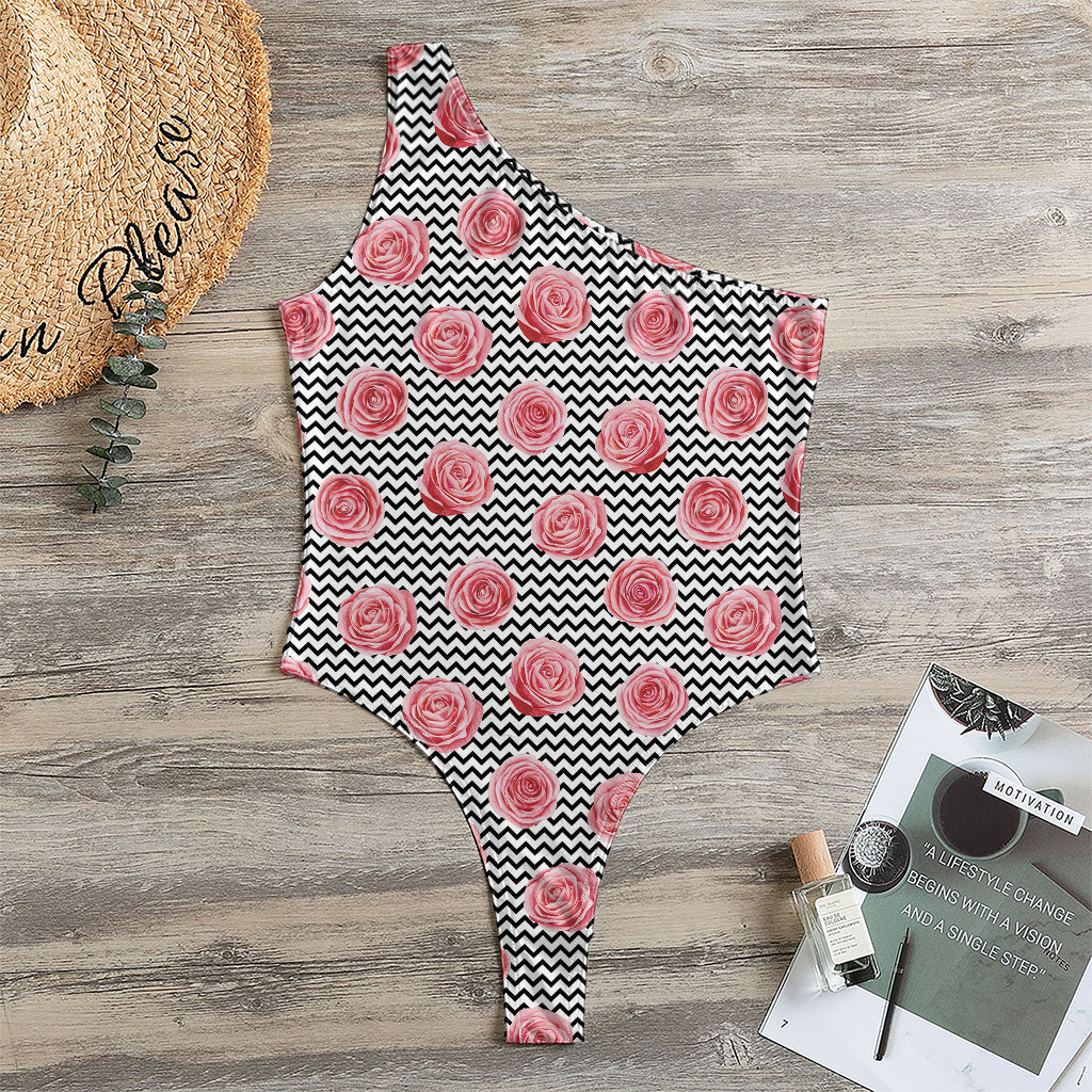 Pink Rose Zigzag Pattern Print One Shoulder Bodysuit