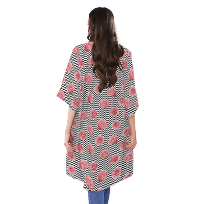 Pink Rose Zigzag Pattern Print Open Front Beach Cover Up